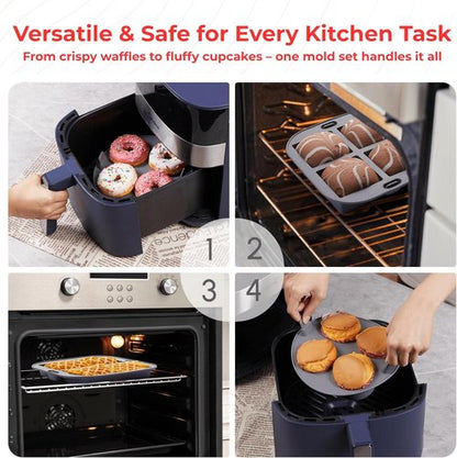 EM Silicone Air Fryer Liners Set - 4-Pc Reusable Baking Molds for Cakes, Donuts & Waffles | Fits 3-5 Qt Air Fryers