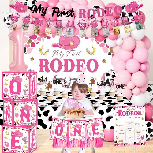 My First Rodeo Decorations Girl, Western Cowgirl 1st Birthday Party Decorations, Cowgirl Balloon Arch Kit Western Party Supplies Backdrop Tablecloth for 1st Rodeo Birthday Party Decor Girl