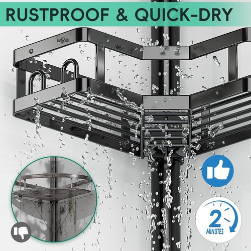 HEVEL Corner Shower Caddy Tension Pole, Adjustable Shower Organizer Corner 62-115 Inch, Rustproof Bathroom Storage Shower Shelves, Black