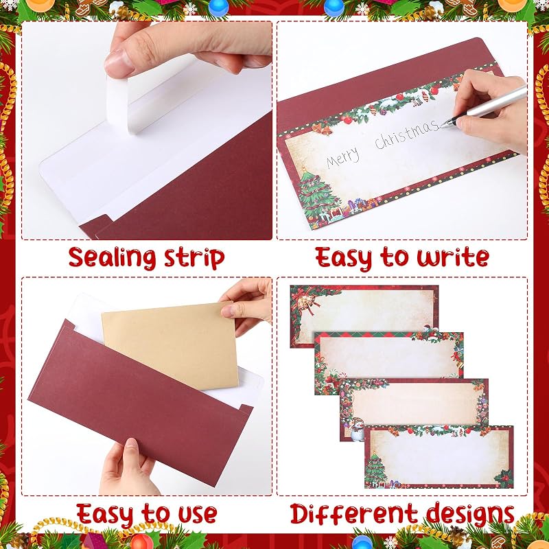 Christmas Envelopes #10 Self Seal 60 Pcs, 4 Styles – Classic Design, 250g Paper