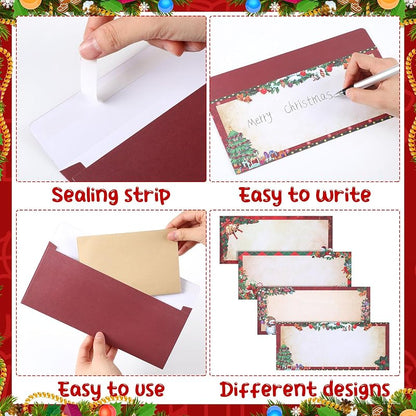 Christmas Envelopes #10 Self Seal 60 Pcs, 4 Styles – Classic Design, 250g Paper