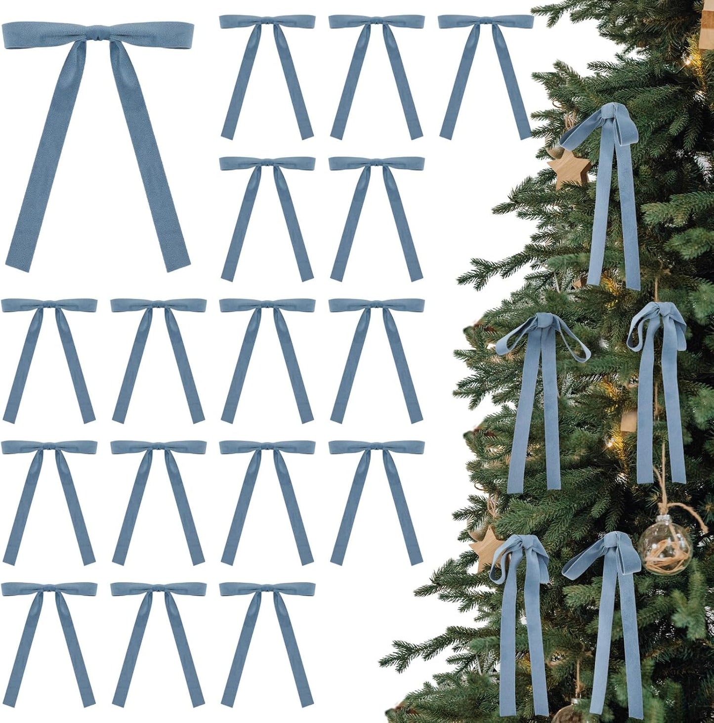 Skiennix Velvet Bows | 24 Pcs Vintage Double-Faced Ribbon Ornaments for Christmas Tree & Wreaths - Dusty Blue (5 x 7 Inch)