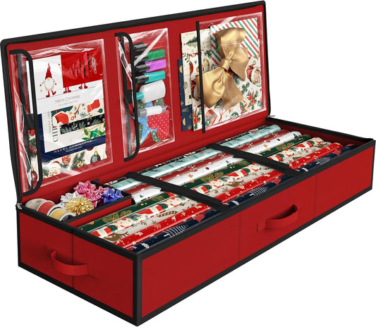 Simple Houseware Wrapping Paper Storage Organizer - Holds 40 Rolls with Adjustable Straps & Clear Pockets, 41.5''L x 16''W, Red