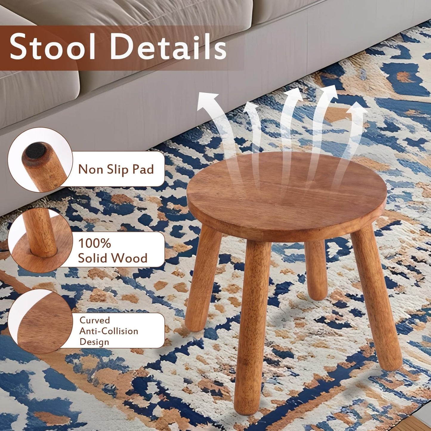 Skiennix Round Solid Wooden Step Stool - Detachable Wood Legs for Versatile Use | 11.8" Walnut Finish