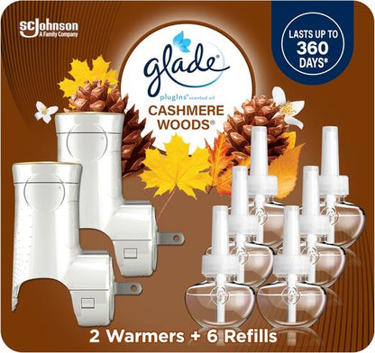 Glade PlugIns Air Freshener Starter Kit - Cashmere Woods Scent with 2 Warmers & 6 Refills | 4.02 Fl Oz