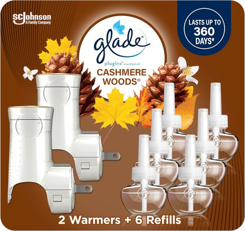 Glade PlugIns Air Freshener Starter Kit - Cashmere Woods Scent with 2 Warmers & 6 Refills | 4.02 Fl Oz