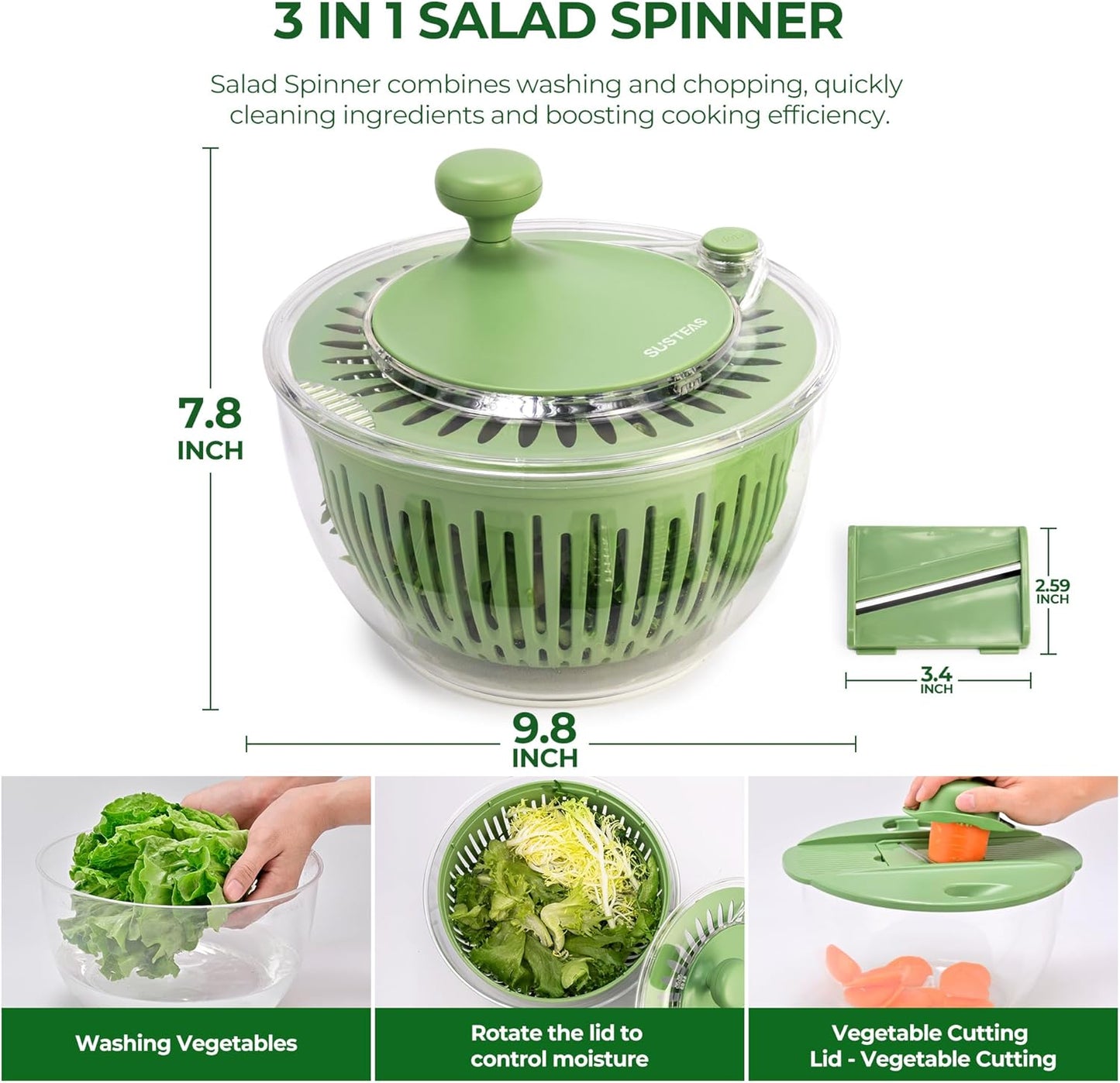 SUSTEAS Large Salad Spinner - Efficient Vegetable & Fruit Wash Bowl with 5 Blade Slicer | 4.25Qt Capacity
