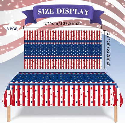 American Flag Tablecloth - 3-Piece Disposable 54 x 108 Inch Stars and Stripes Design for Patriotic Events