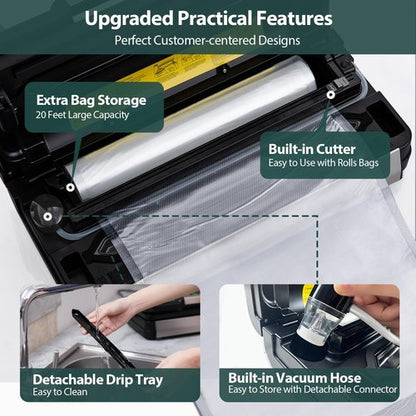AquaLock Vacuum Sealer Machine - Fully Automatic Food Sealer with Built-In Cutter & 2 Bag Rolls | 130W, Stainless Steel