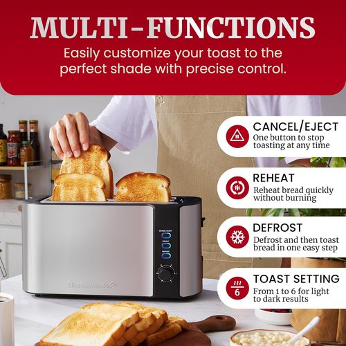 Elite Gourmet ECT-3100 4-Slice Long Slot Toaster - Extra Wide Slots for Bagels & Sourdough | 6 Browning Settings | Stainless Steel