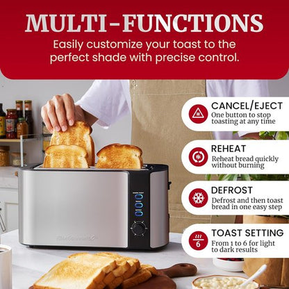 Elite Gourmet ECT-3100 4-Slice Long Slot Toaster - Extra Wide Slots for Bagels & Sourdough | 6 Browning Settings | Stainless Steel