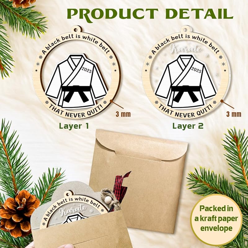 Karate Black Belt Ornament – Wooden & Acrylic 2-Layer Xmas Decoration for Karate Lovers