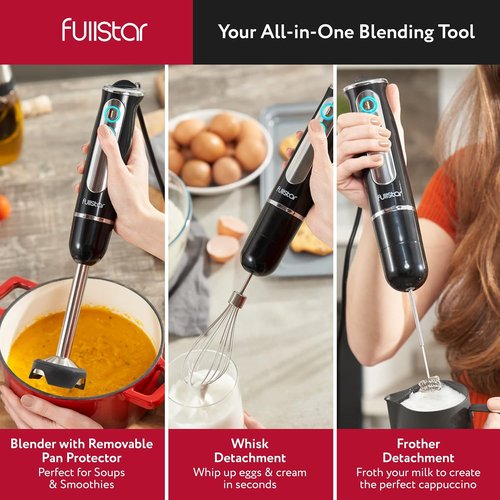 Fullstar Immersion Blender Set - 9-Speed 500W Handheld Electric Mixer for Smoothies | Black 3-in-1
