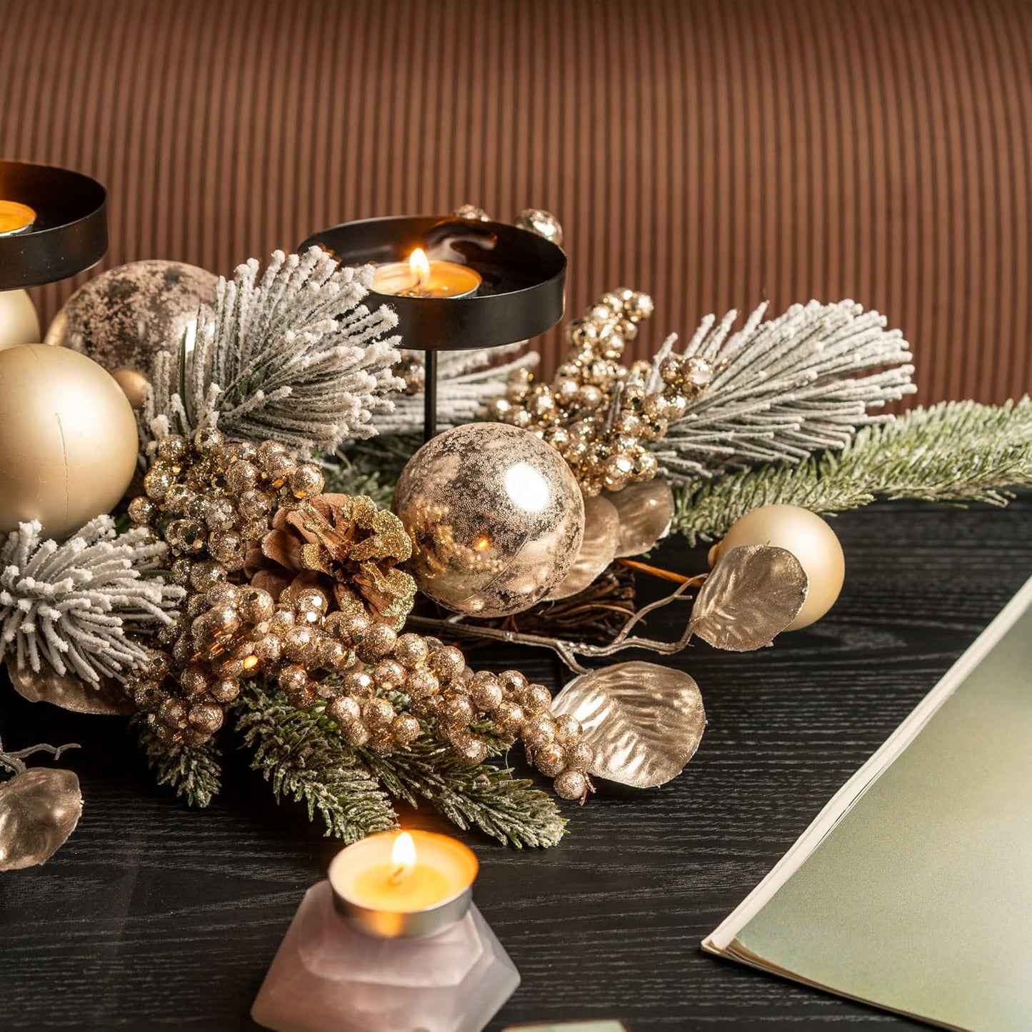 YULETIME 28" Christmas Triple Candelabrum - Elegant Holiday Candle Holder with Gold Baubles & Snowy Pine Needles