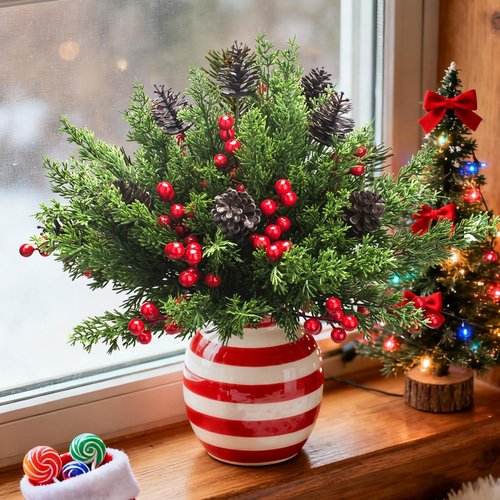 Grunyia Christmas Decorations - 68 Pcs Artificial Pine Greenery Picks with Pinecones & Berries for Holiday Decor