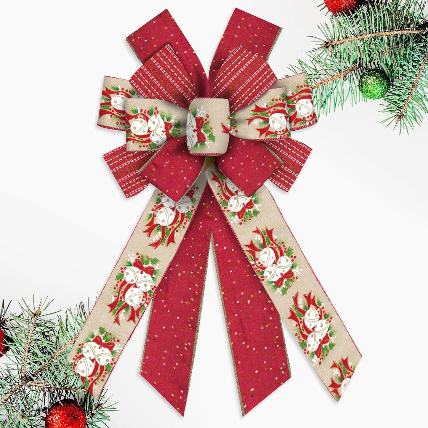 Skiennix Large Christmas Bow - 11.42" x 20.86" Red & Beige Wired Craft Bow with Bells & Holly Design for Holiday Decor