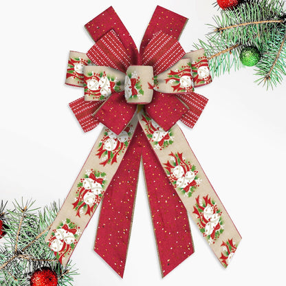 Skiennix Large Christmas Bow - 11.42" x 20.86" Red & Beige Wired Craft Bow with Bells & Holly Design for Holiday Decor