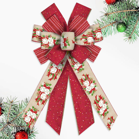 Skiennix Large Christmas Bow - 11.42" x 20.86" Red & Beige Wired Craft Bow with Bells & Holly Design for Holiday Decor
