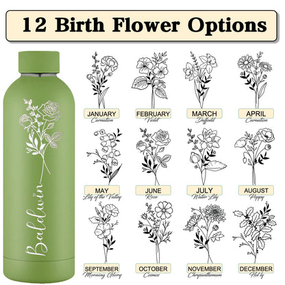 Personalized Water Bottles Custom Engraved Sports Bottles with Birth Month Flower Name 16oz Cup Customized Insulated Stainless Steel Bottle Keep Cold Hot Office Birthday Gifts for Men Women