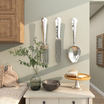Deco 79 Aluminum Metal Utensils Home Wall Decor Knife, Spoon and Fork Wall Sculpture, Set of 3 Wall Art 4"W, 23"H, Silver