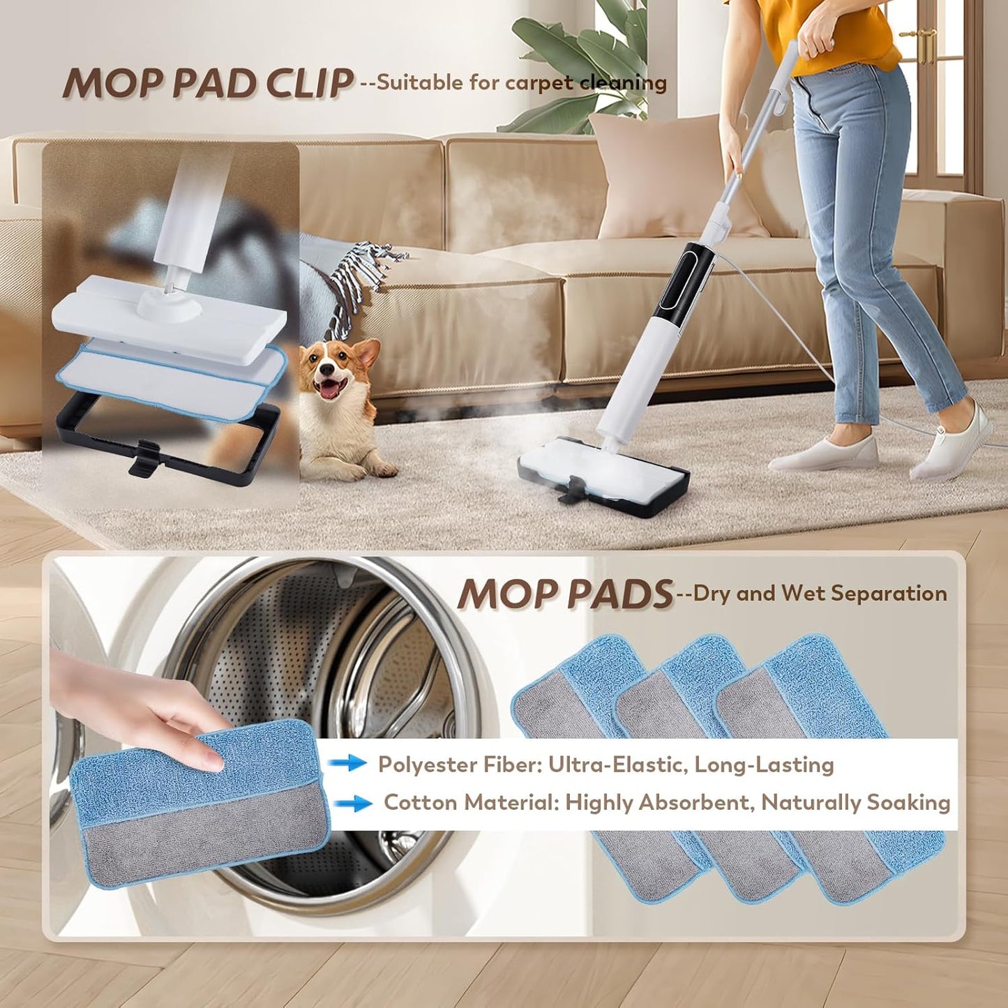 Skiennix Steam Mop - 3 Steam Modes & Quick 15s Heat-Up | 284℉ Powerful Cleaning for Wood, Marble, Tile & Hardwood Floors - 3 Mop Pads Included