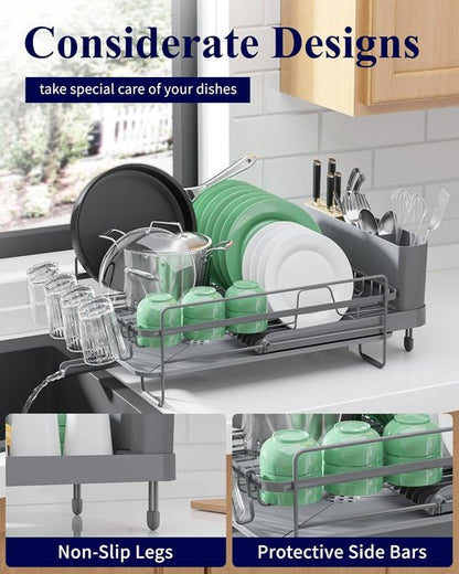 Kitsure Extendable Dish Drying Rack - Large Multifunctional Rack with Cutlery & Cup Holders | Grey, 18.2"-25.7" L x 12.9" W