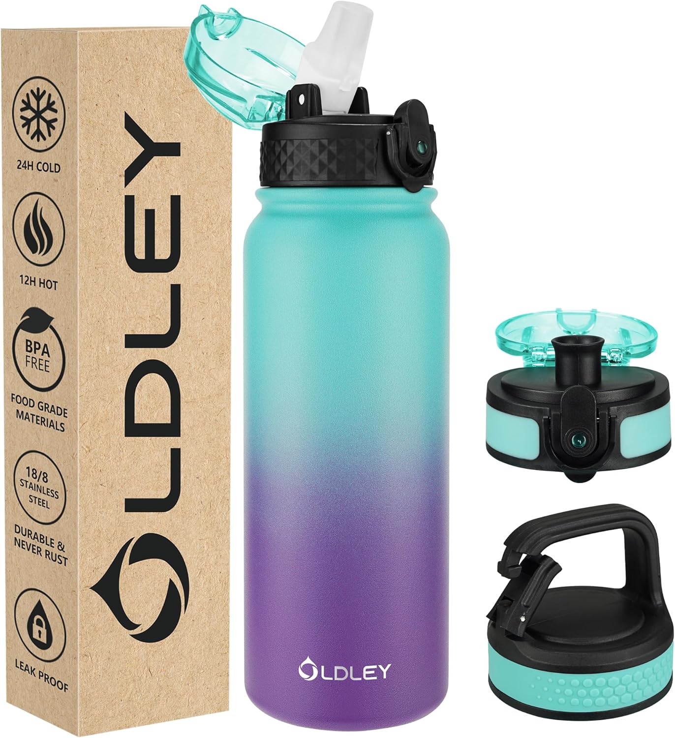 Oldley Insulated Water Bottle - 20oz Stainless Steel with 3 Lids | Leak-Proof Design for School & Travel - Green/Purple