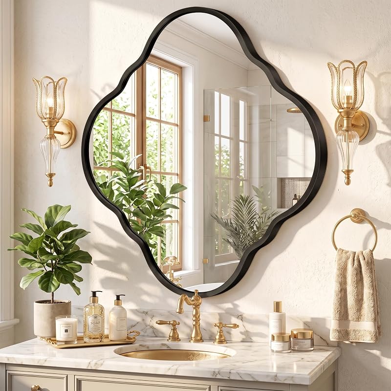 32x32 Inch Irregular Black Bathroom Mirror - Wall Mount with Brushed Aluminum Frame (Variation: Black+31.5"L x 31.5"W)