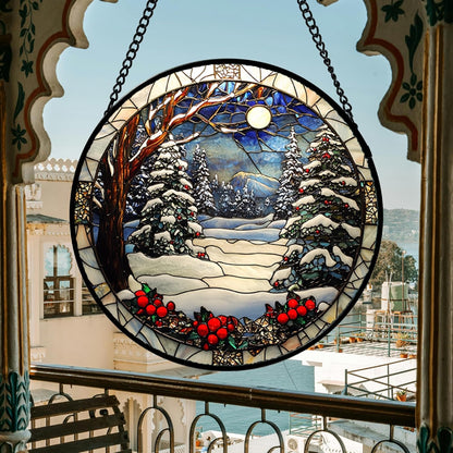 DASTOLL Stained Glass Window Hanging - Winter Snow Night Scenery Suncatcher | 7.8" Home Decor Gift for All