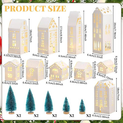 Chunful 20 Pack Christmas Village Houses Set - White Winter Decor with Lights & Trees for Holiday Scenes