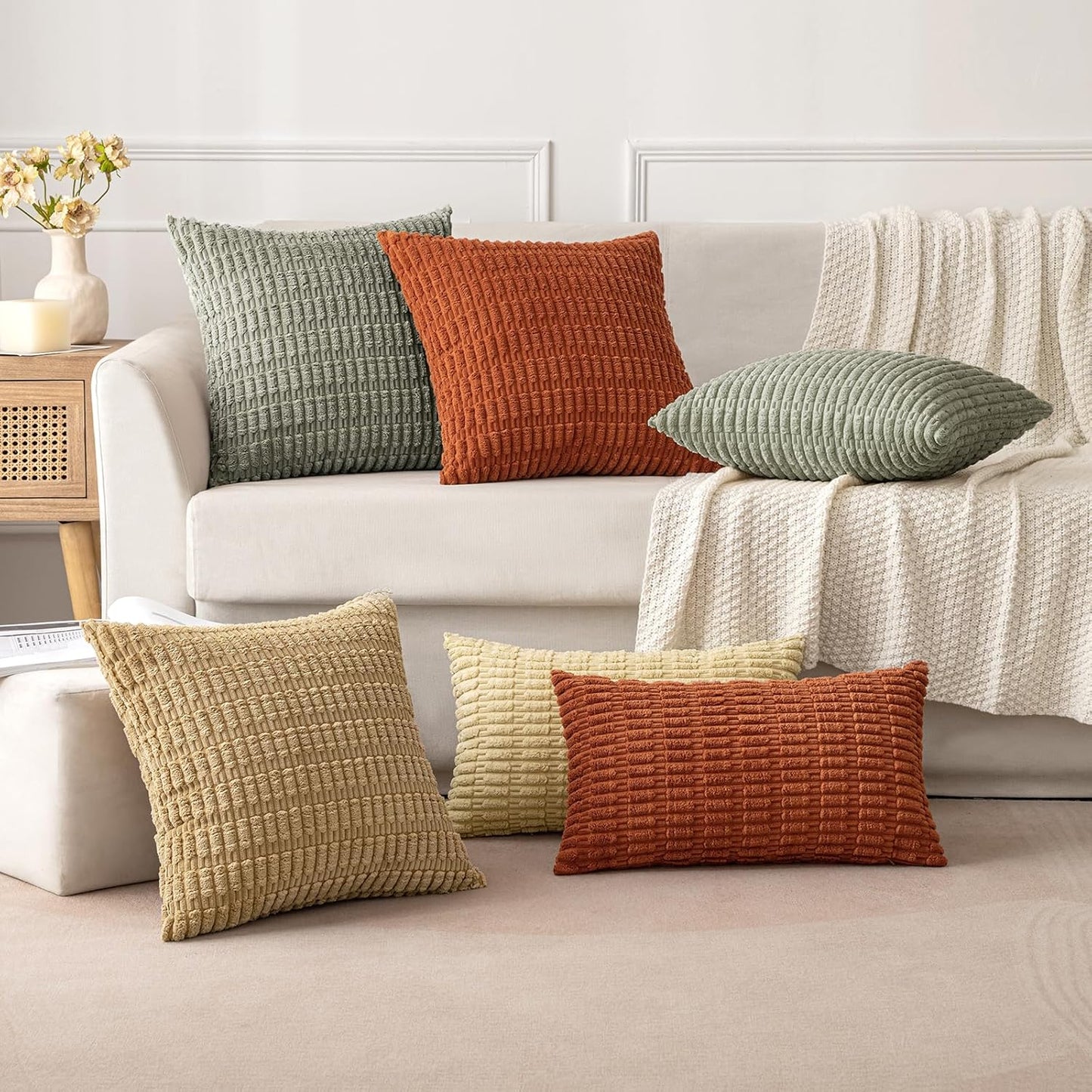 MIULEE Corduroy Throw Pillow Covers - Soft Boho Striped Design | 20x20 Inch Light Olive Green (Set of 2)
