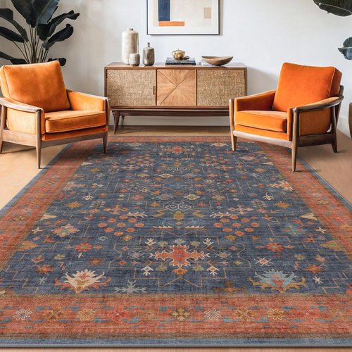 Hazo Haus 6x9 Dining Room Rug - Washable Low Pile Non-Slip Area Rug in Navy Blue & Terracotta