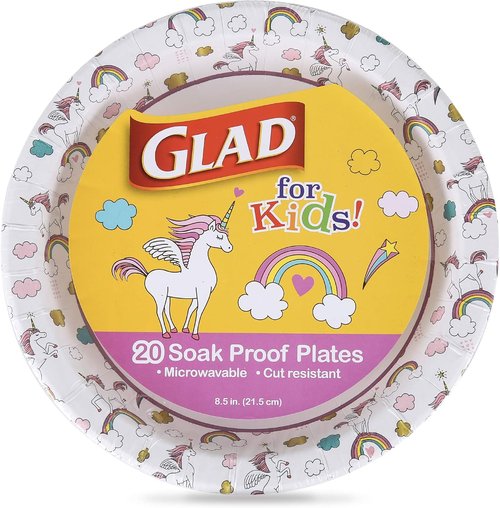 Glad Unicorn Theme Kids Plates - Heavy-Duty Disposable Paper Plates | Soak-Proof, Microwave Safe, 8.5 Inch, 20 Count
