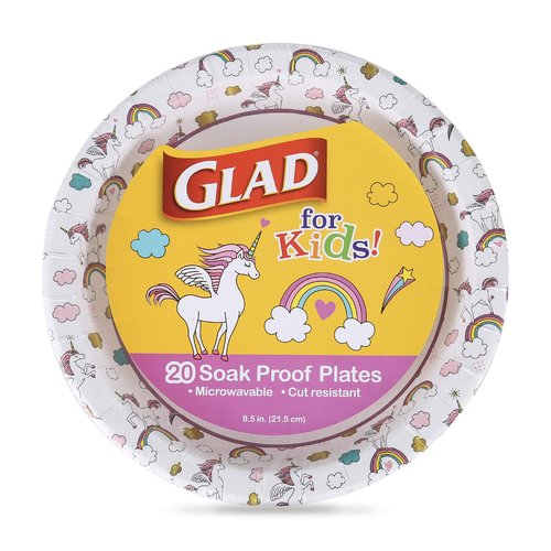 Glad for Kids Unicorn Theme Kids Plates, Heavy-Duty Round Disposable Paper Plates with Soak-Proof Coating, Microwave Safe for Snacks & Meals, Cute Unicorn Print, 8.5 Inch, 20 Count