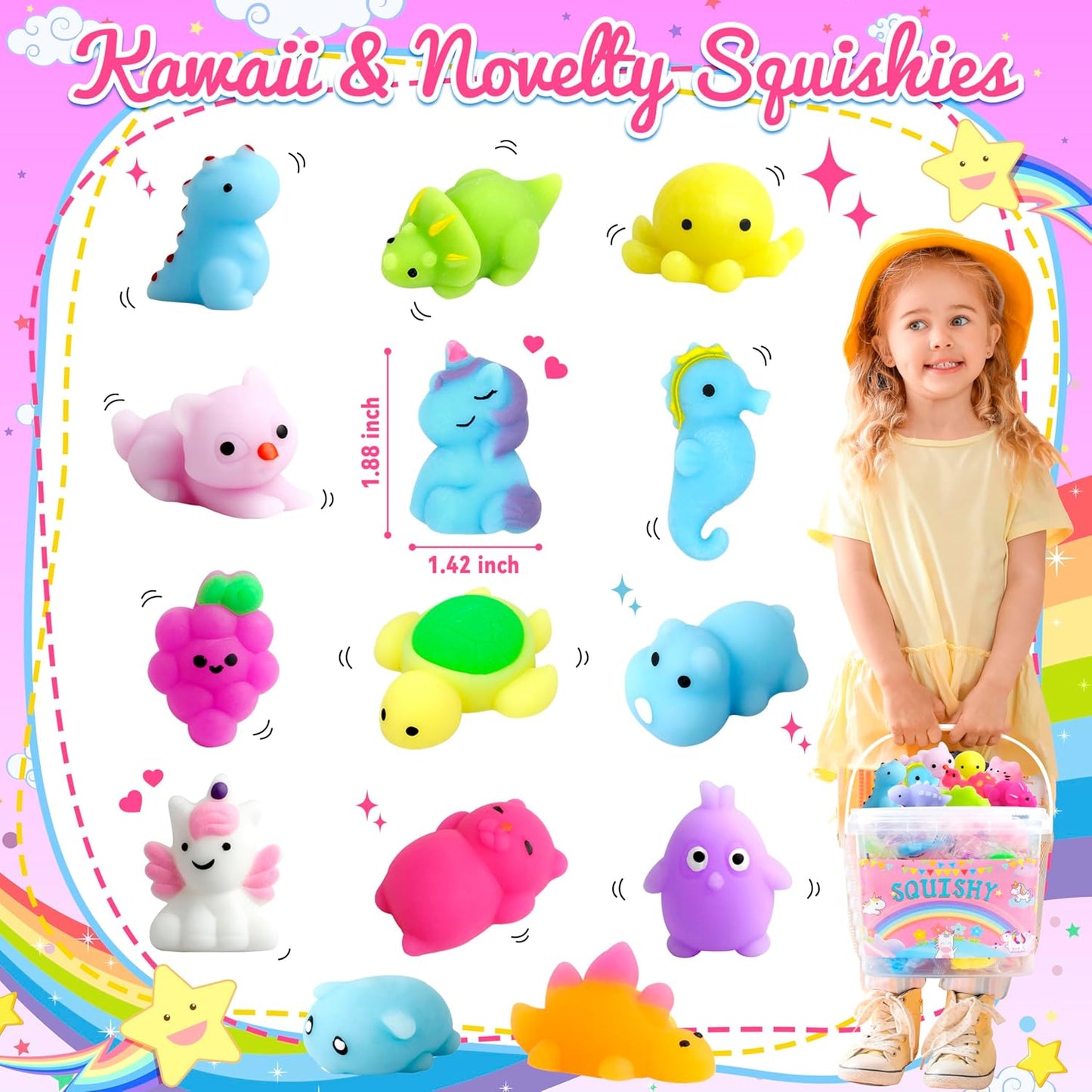 Skiennix 150 Pack Mochi Squishy Toys - Kawaii Stress Relief Party Favors for Kids, Bulk Gifts