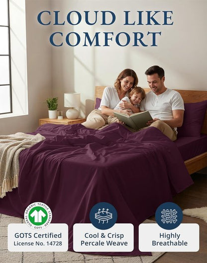 LANE LINEN 100% Organic Cotton Queen Sheets - Soft & Breathable Classic Percale, Machine Washable - Windsor Wine