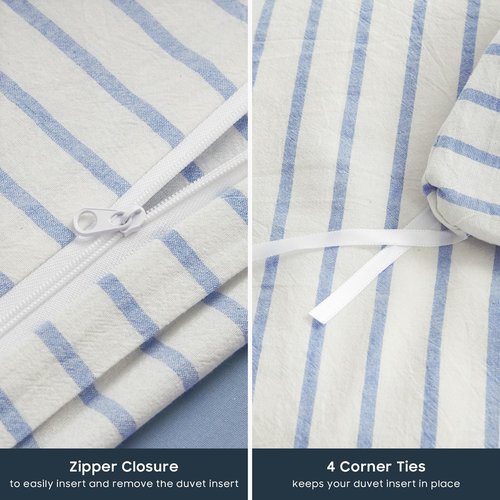 Wake In Cloud - Striped Cotton Duvet Cover Set, Ticking Stripe Vertical Pinstripe Farmhouse, 100% Washed Cotton Textured Bedding Set, 3 Pieces, Blue White, Queen Size