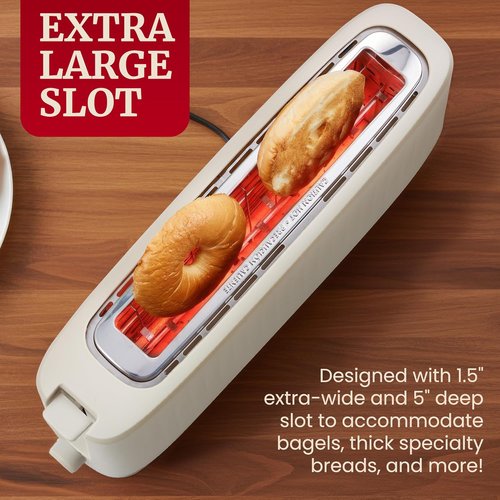 Elite Gourmet SLIMTOAST™ 2-Slice Long Slot Toaster - Cool-Touch Body & 6 Toast Settings | Extra Wide 1.5” Slot in Cremello