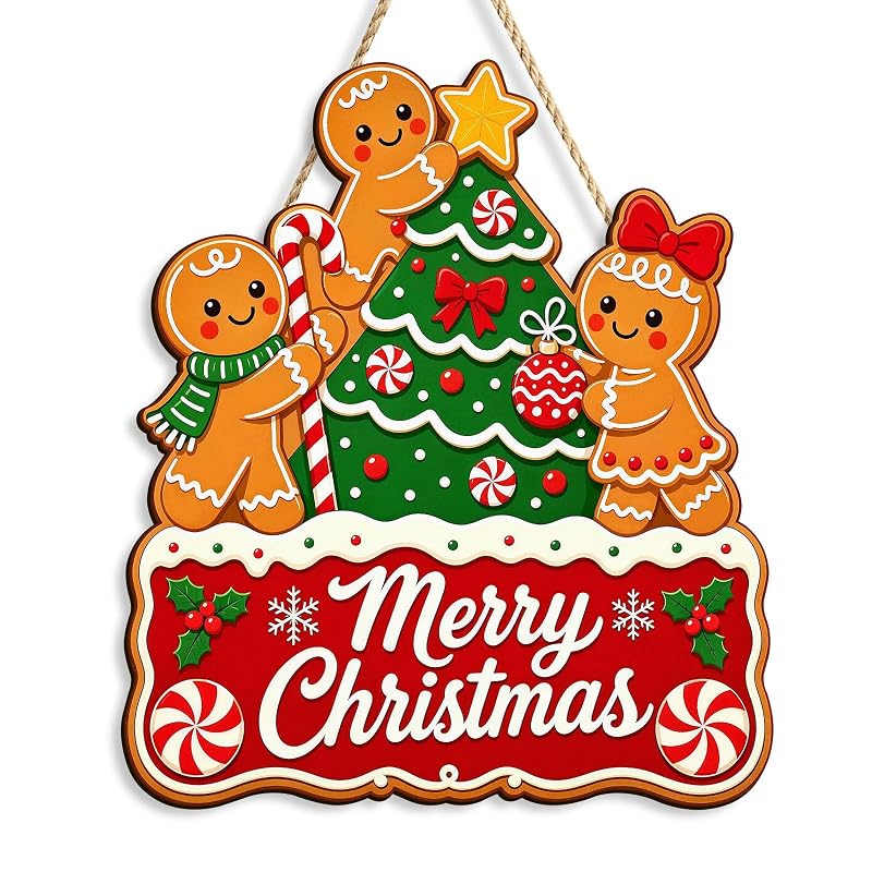 Colorful Merry Christmas Gingerbread Door Sign — 13.3 x 11.6 in Wooden Hanging Wreath