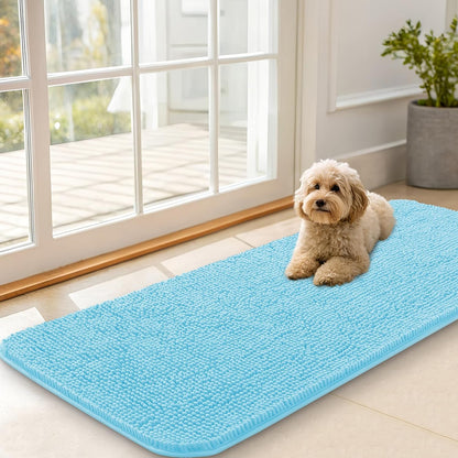 OLANLY Dog Door Mat - Absorbent Non-Slip Washable Doormat for Muddy Paws | 47x20 Blue Quick Dry Chenille