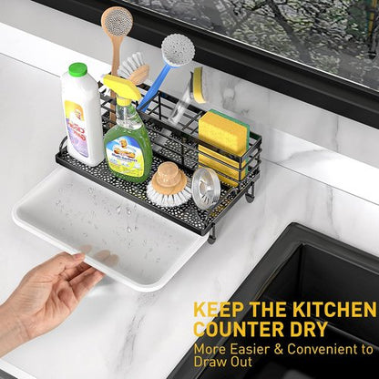 Cisily Kitchen Sink Caddy Organizer - Rustproof Non-Slip Soap Dish & Sponge Holder | Matte Black