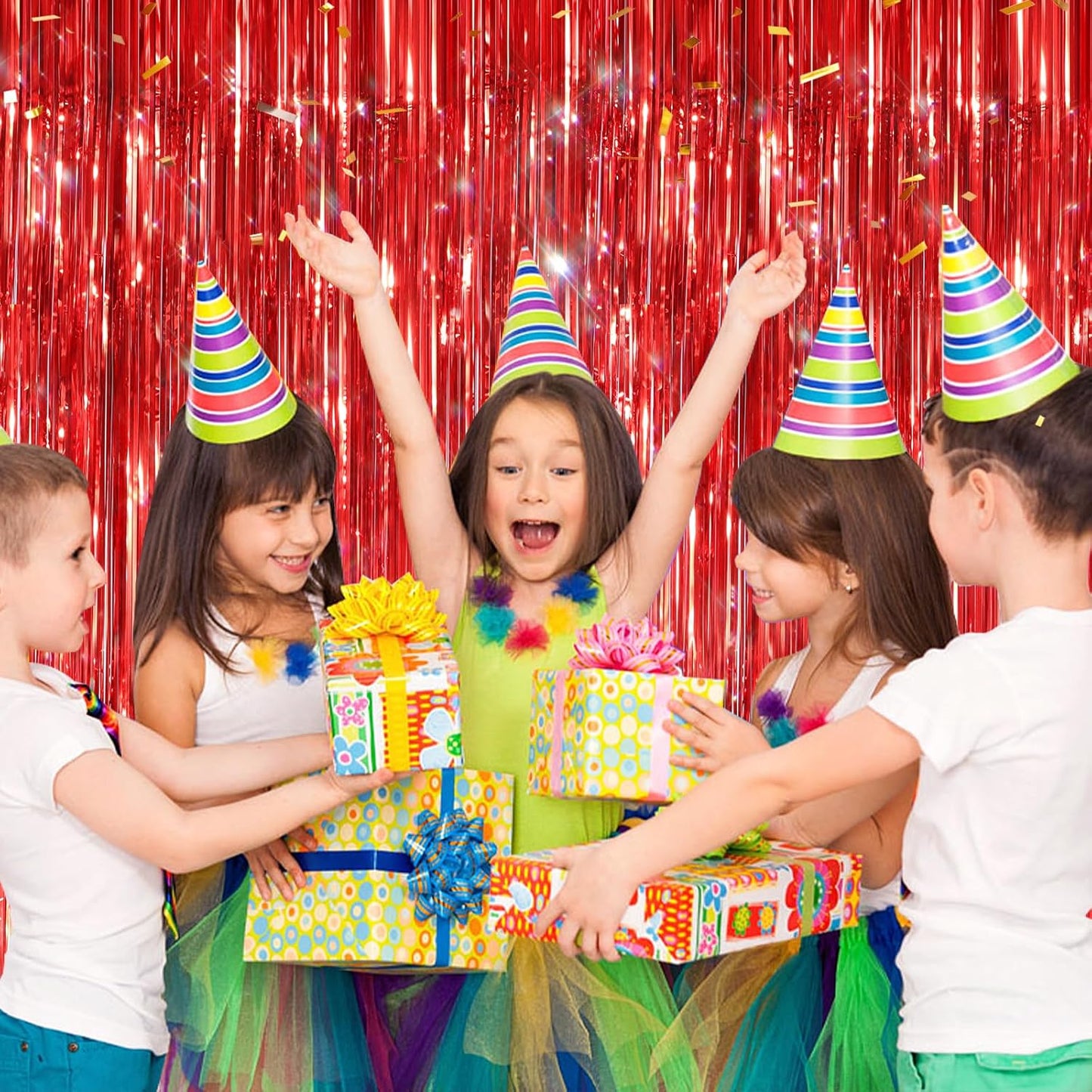 Red Metallic Tinsel Foil Fringe Curtains by [Brand Name] - 2 Pack Photo Booth Backdrop for Parties & Events