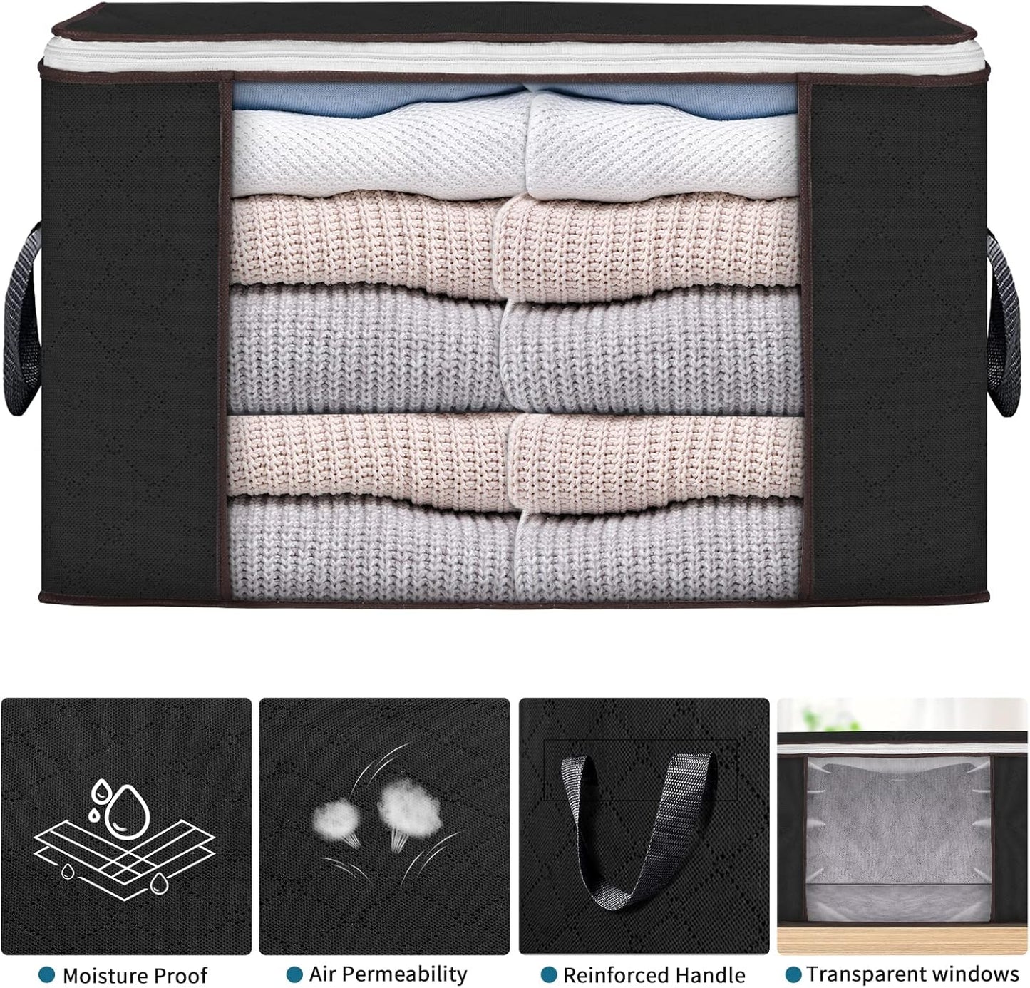 Skiennix Large Storage Bags - 8 Pack Foldable Closet Organizers with Durable Handles | 90L Black