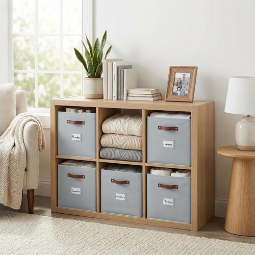 DECOMOMO Storage Bins - Fabric Cube Storage Bins with Labels for Shelves | 10.5" x 11" | Grey (6pcs)