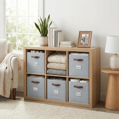 DECOMOMO Storage Bins - Fabric Cube Storage Bins with Labels for Shelves | 10.5" x 11" | Grey (6pcs)