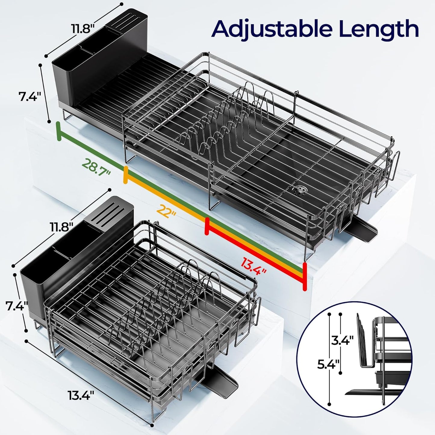 Skiennix Large Dish Drying Rack - Expandable Kitchen Counter Drainer with Utensil & Cup Holder | 13.4"-28.7" L x 11.8" W