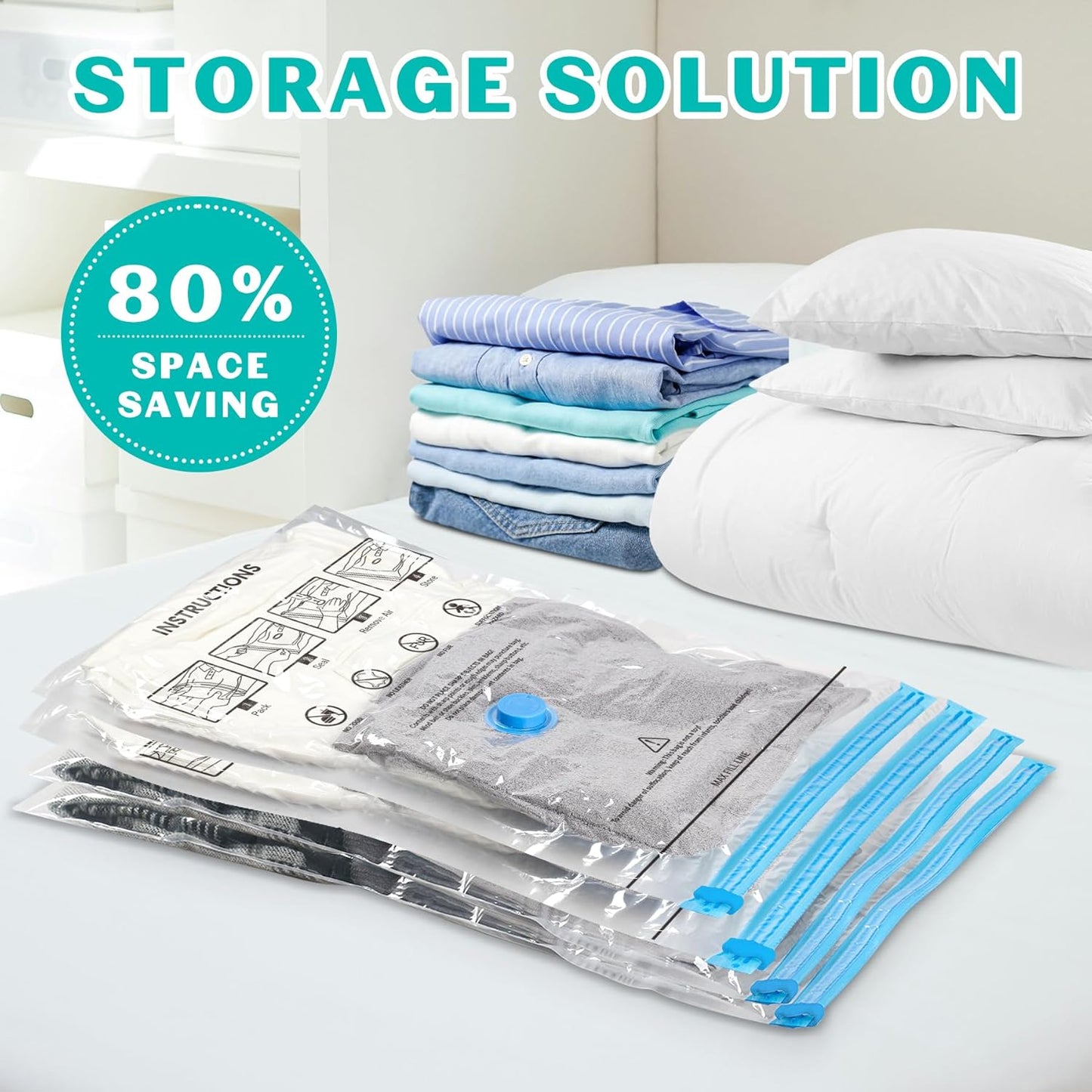 Skiennix Vacuum Seal Bags - 15 Pack Space Saver Storage for Clothing, Blankets & Luggage | Hand Pump Included