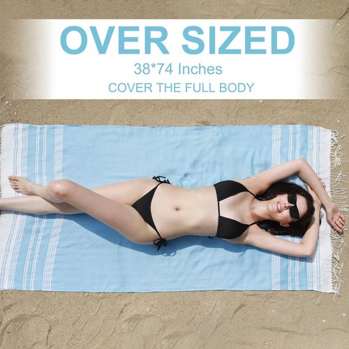Genovega Oversized Turkish Beach Towels 74"x38" Thin Quick Dry Sand Free Pool Swim Bathing Towel Extra Large Blanket Adult Travel Essentials Cruise Accessories Must Haves Summer Light Blue Stuff