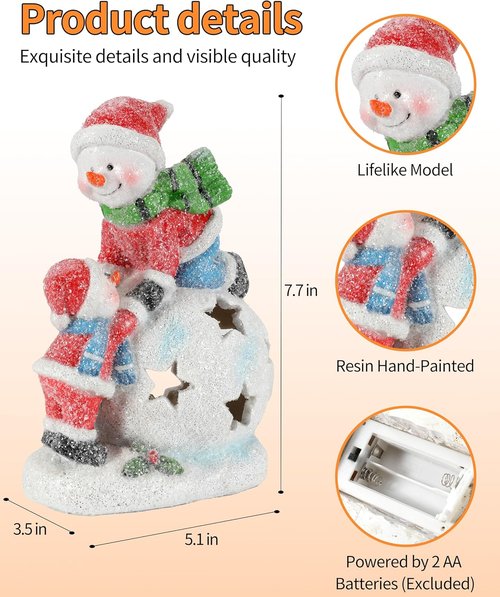 iStatue Snowman and Child Christmas Ornament - LED Light Resin Figurine | Unique Holiday Home Decor