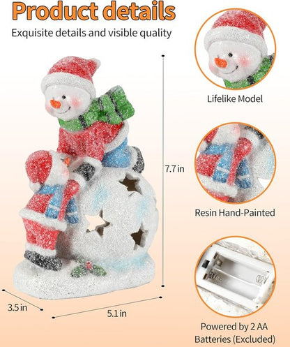 iStatue Snowman and Child Christmas Ornament - LED Light Resin Figurine | Unique Holiday Home Decor